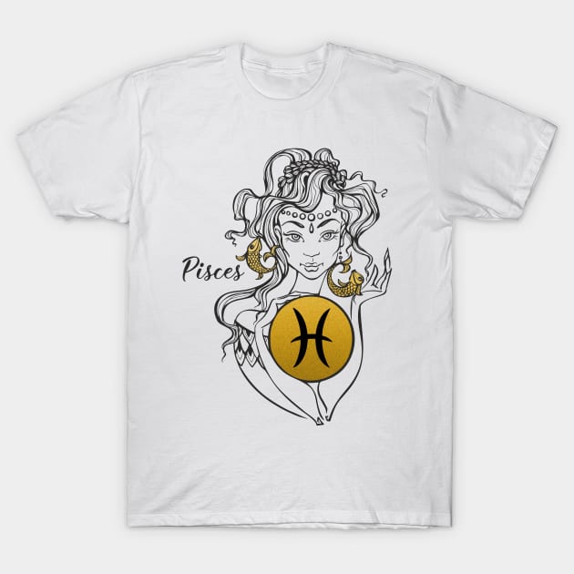 Pisces - Beautiful Girl Gold Illu Zodiac T-Shirt by Art Consulate